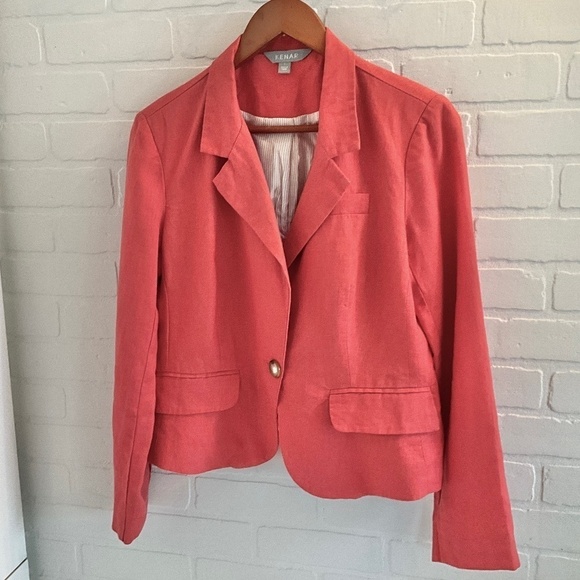 Padded shoulders Single button blazer 100% Linen Coral Hourglass Women Size S - Picture 2 of 7